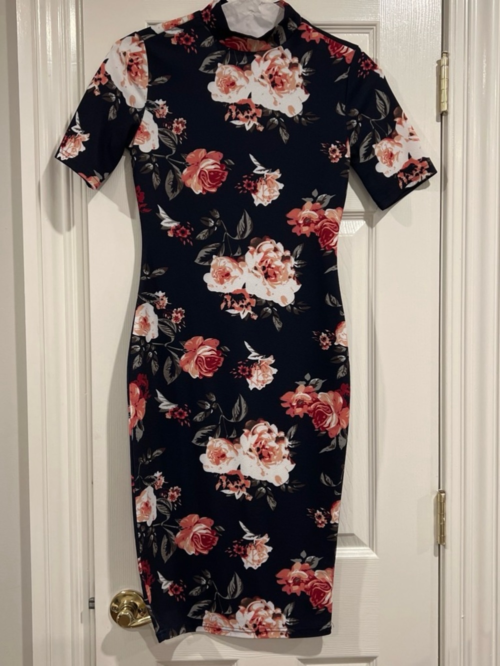 Floral Mock Neck Bodycon Dress - Navy with Pink Floral XS